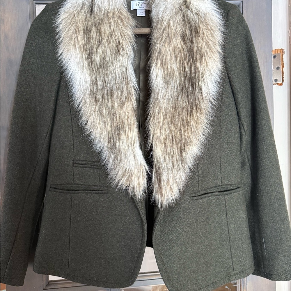 LOFT Olive Blazer with Faux Fur Collar
